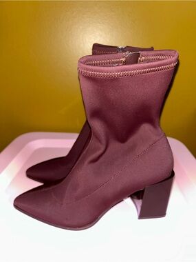 Aldo Maroon Stretch Sock Ankle Boots with Block Heel